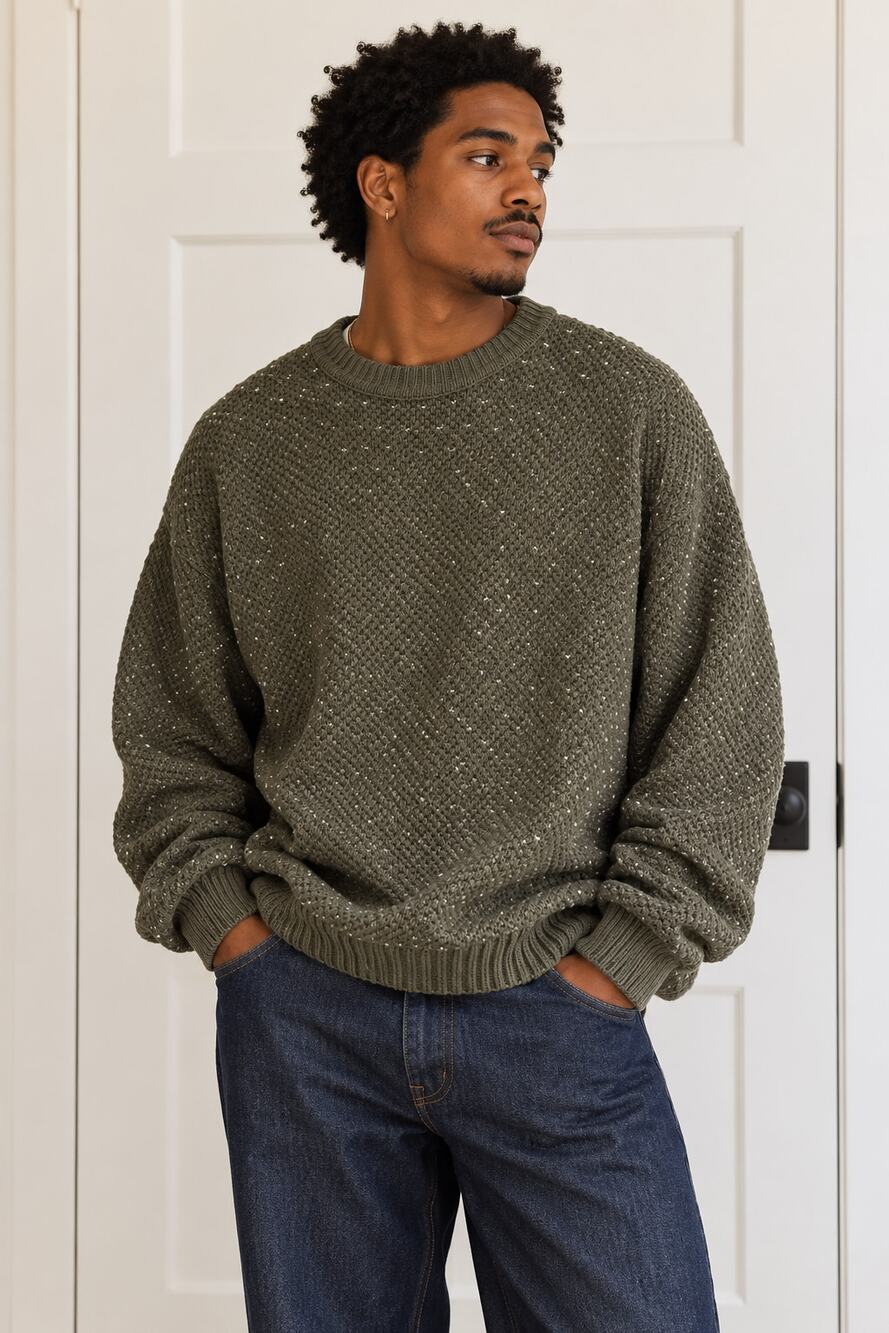 Vintage Claiborne Olive Cotton Fleck Knit Sweater Made in Taiwan L ✨